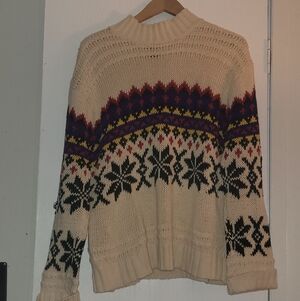 New York & Company Cream Multicolor Patterned Turtleneck Sweater